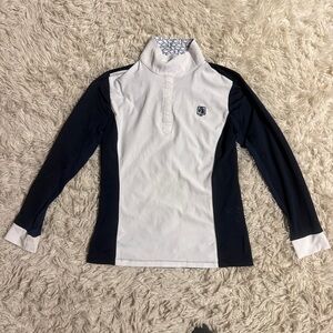 Child’s XL Navy/White Romfh Long Sleeve Horseback Riding Show Shirt. Good Cond.